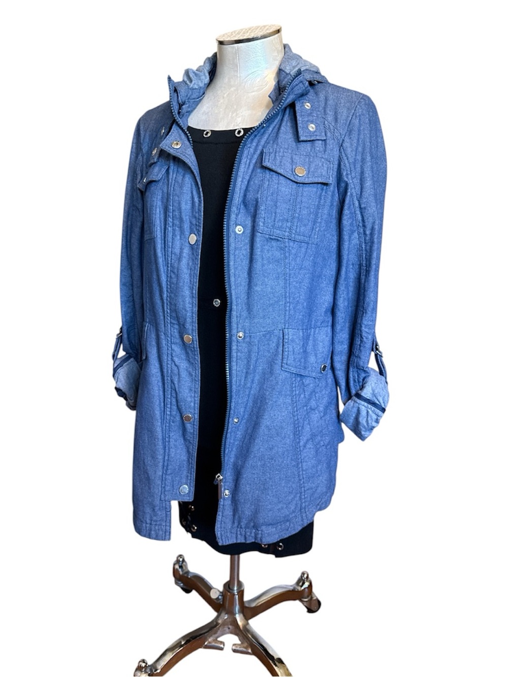 French Connection Blue Chambray Hooded Utility Jacket EUC